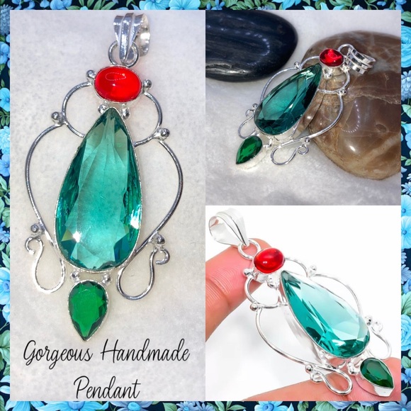 Aquamarine, Green & Garnet Quartz Handmade Pendant - Picture 1 of 4
